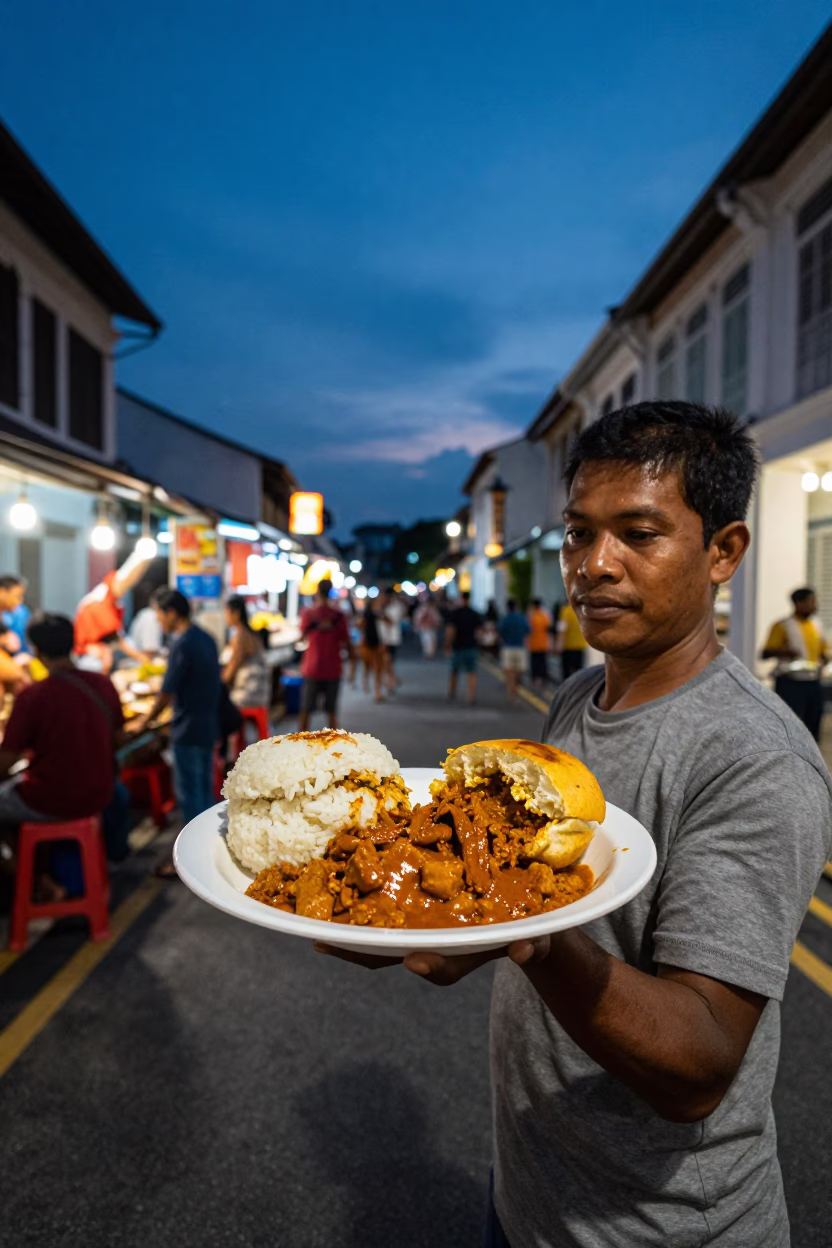 Twilight Street Scene in George Town Malaysia with Bunny Chow Curry and Colorful Shopfronts in in George Town, Malaysia