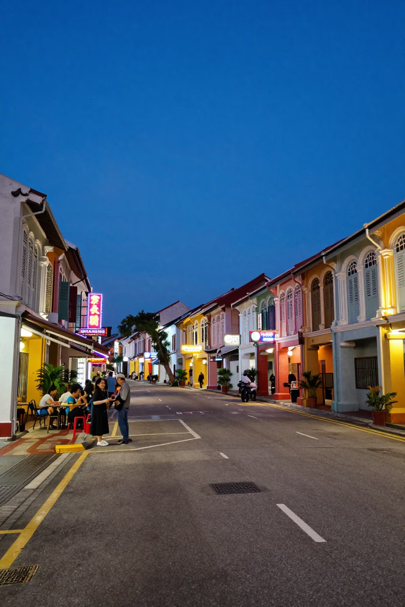 Twilight Street Scene in George Town Malaysia with Colorful Heritage Buildings and Local Life in in George Town, Malaysia