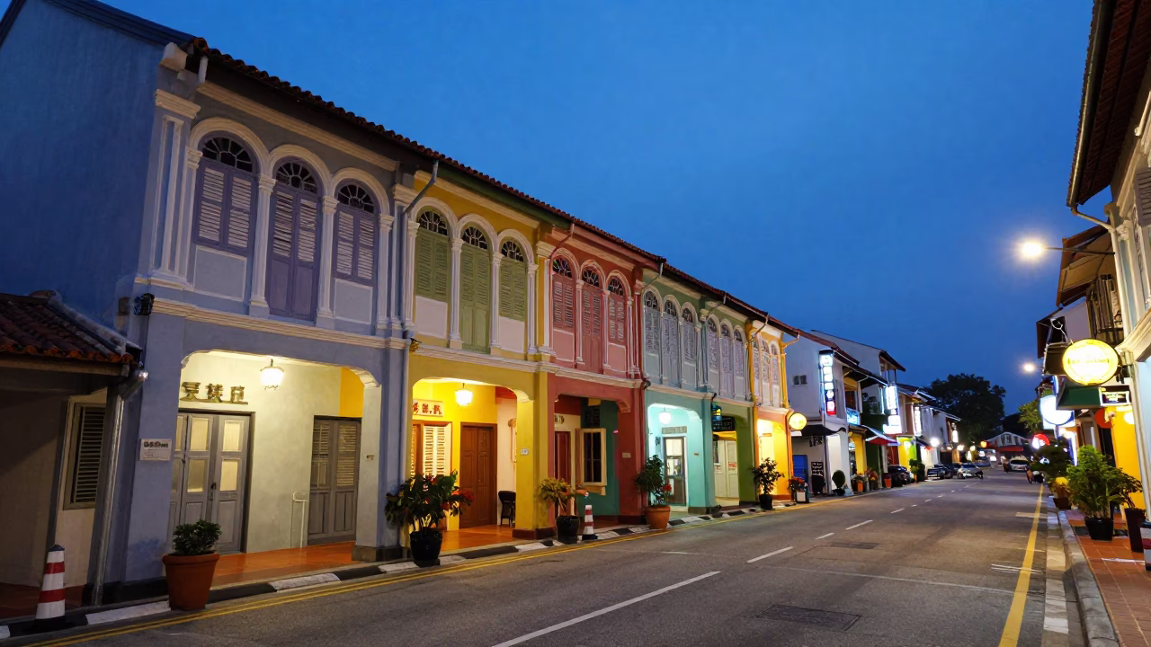 Twilight Street Scene in George Town Malaysia with Colorful Shophouses and Neon Signs in in George Town, Malaysia