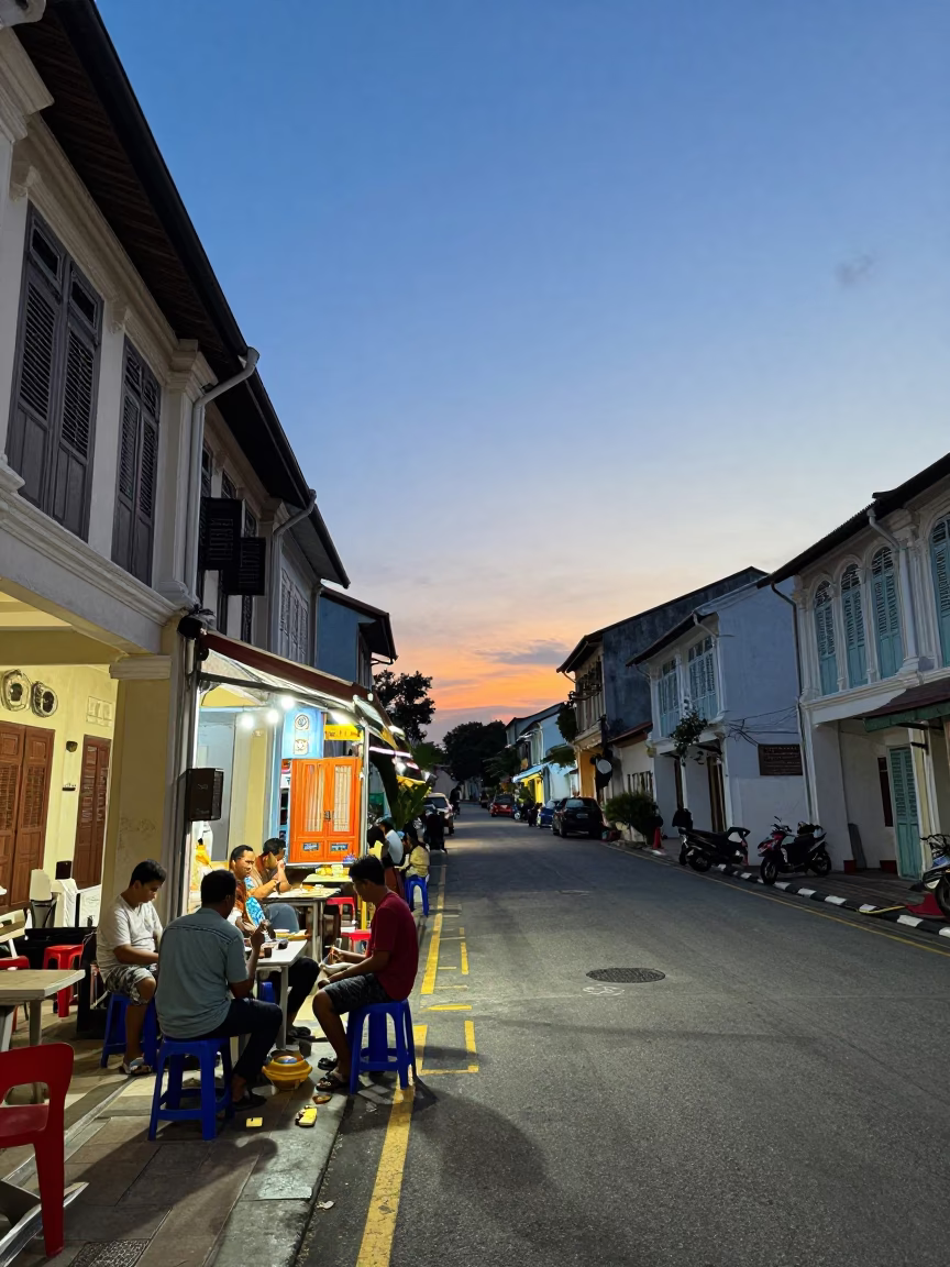 Twilight Street Scene in George Town Malaysia with Dominoes and Local Life in in George Town, Malaysia