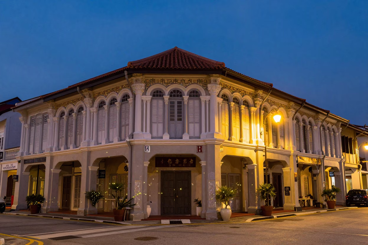 Twilight Street Scene in George Town Malaysia with Fireflies and Heritage Architecture in in George Town, Malaysia