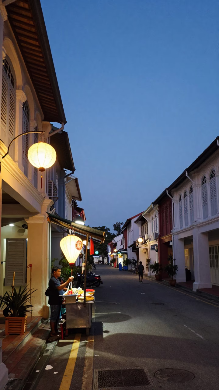 Twilight Street Scene in George Town Malaysia with Lantern and Brushed Steel Details in in George Town, Malaysia