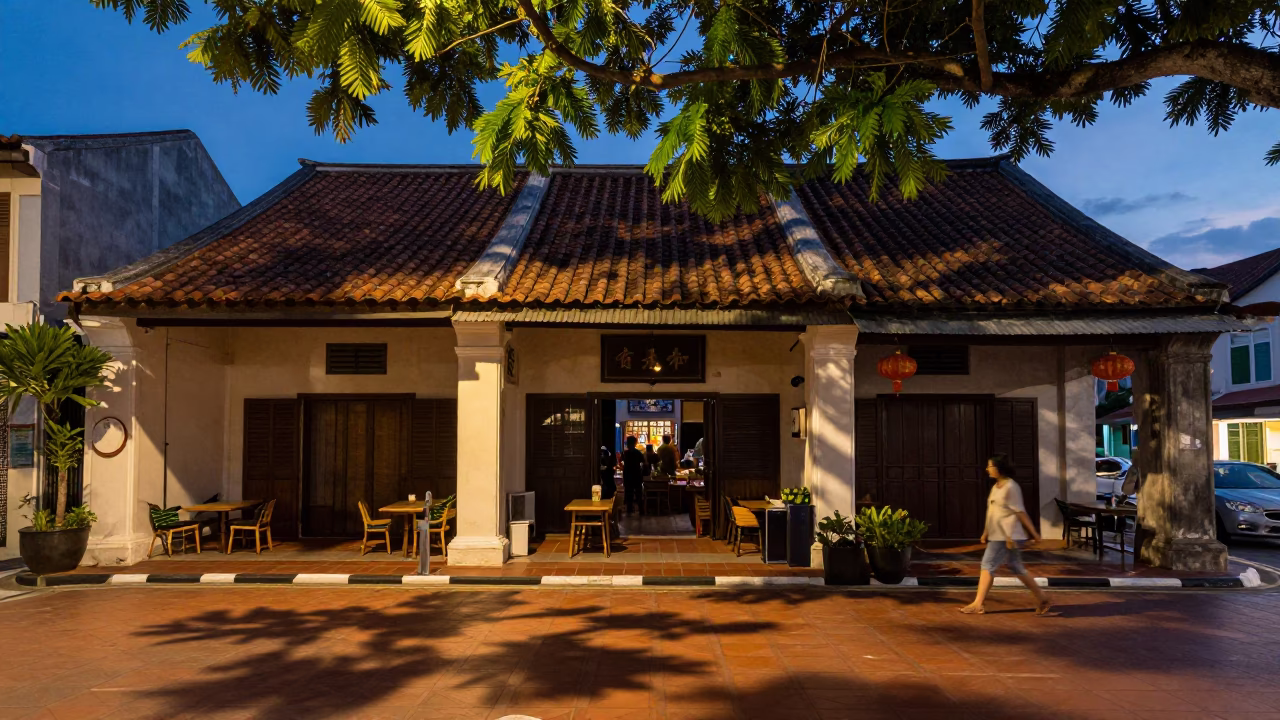 Twilight Street Scene in George Town Malaysia with Leaf Shadows and Woven Mats in in George Town, Malaysia