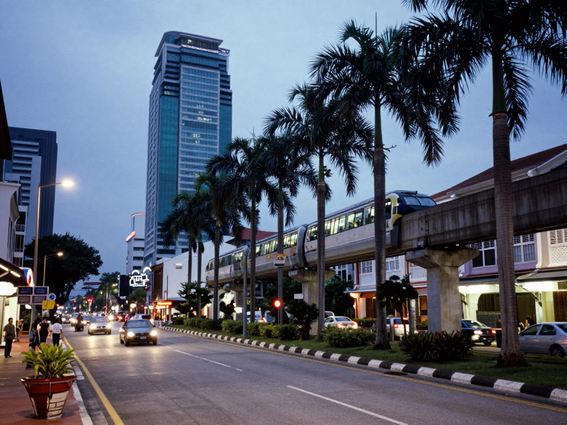Twilight Street Scene in George Town Malaysia with Monorail and Palm Trees in in George Town, Malaysia