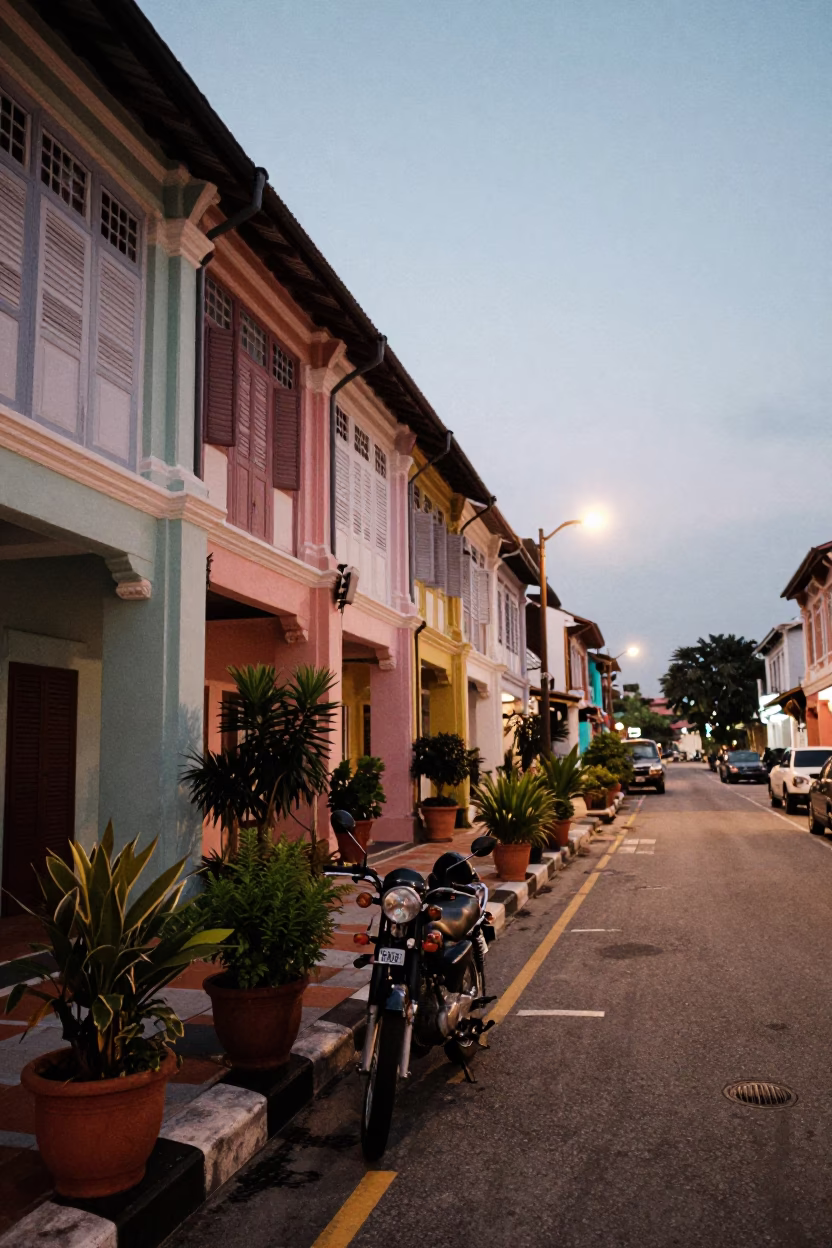 Twilight Street Scene in George Town Malaysia with Potted Herbs and Motorcycle in in George Town, Malaysia