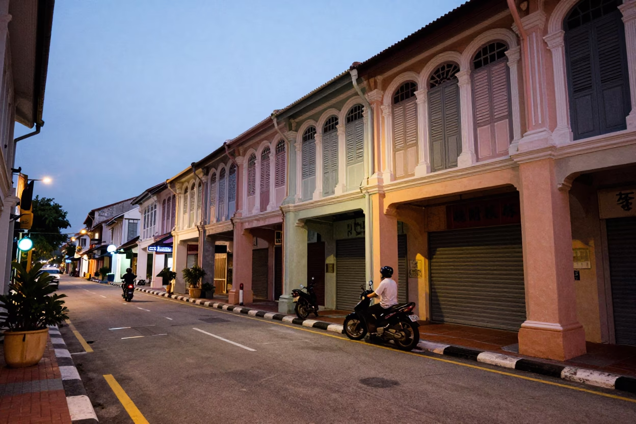 Twilight Street Scene in George Town Malaysia with Shuttered Shop and Motorcycle in in George Town, Malaysia