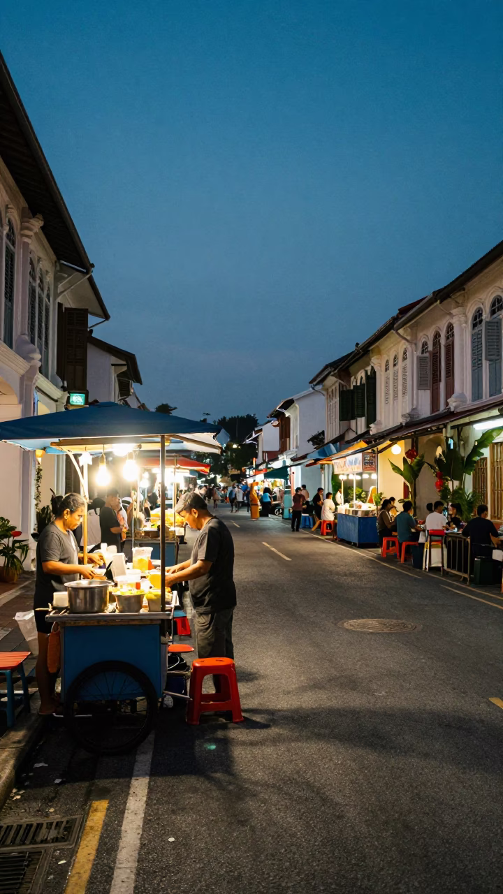 Twilight street scene in George Town Malaysia with street food vendors and heritage shophouses in in George Town, Malaysia
