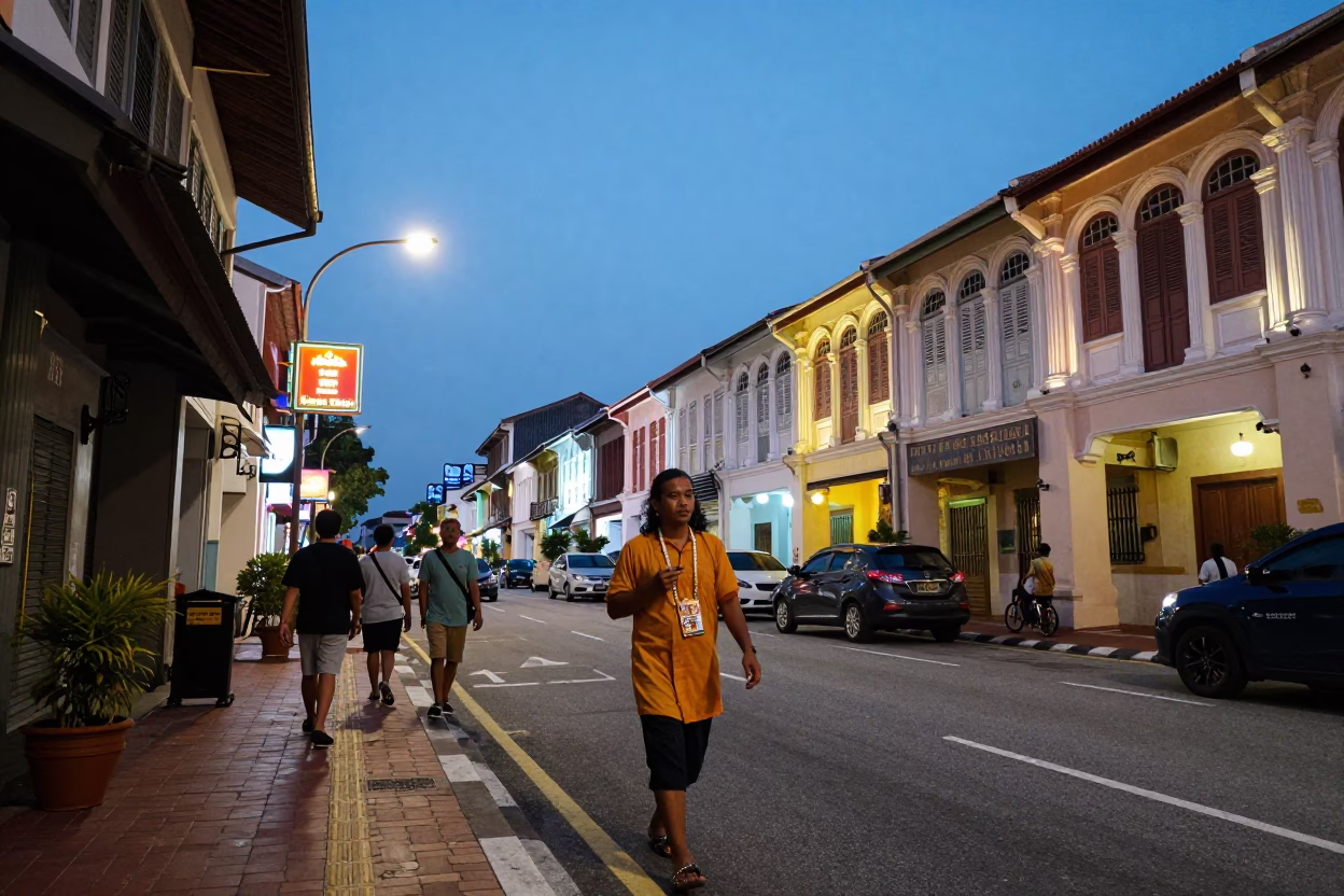 Twilight Street Scene in George Town Malaysia with Thaipusam Devotee and Shophouses in in George Town, Malaysia