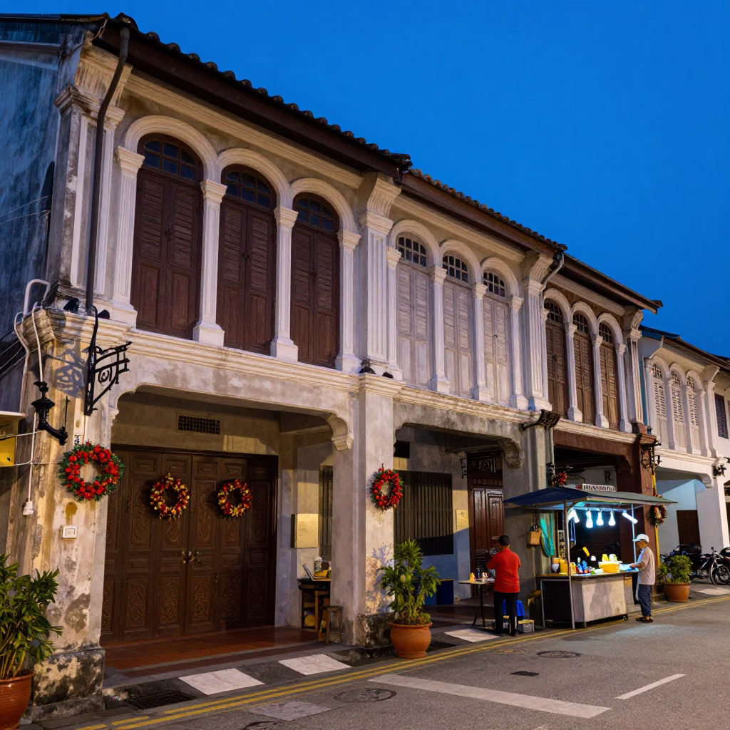Twilight Street Scene in George Town Malaysia with Traditional Door Wreaths and Local Life in in George Town, Malaysia