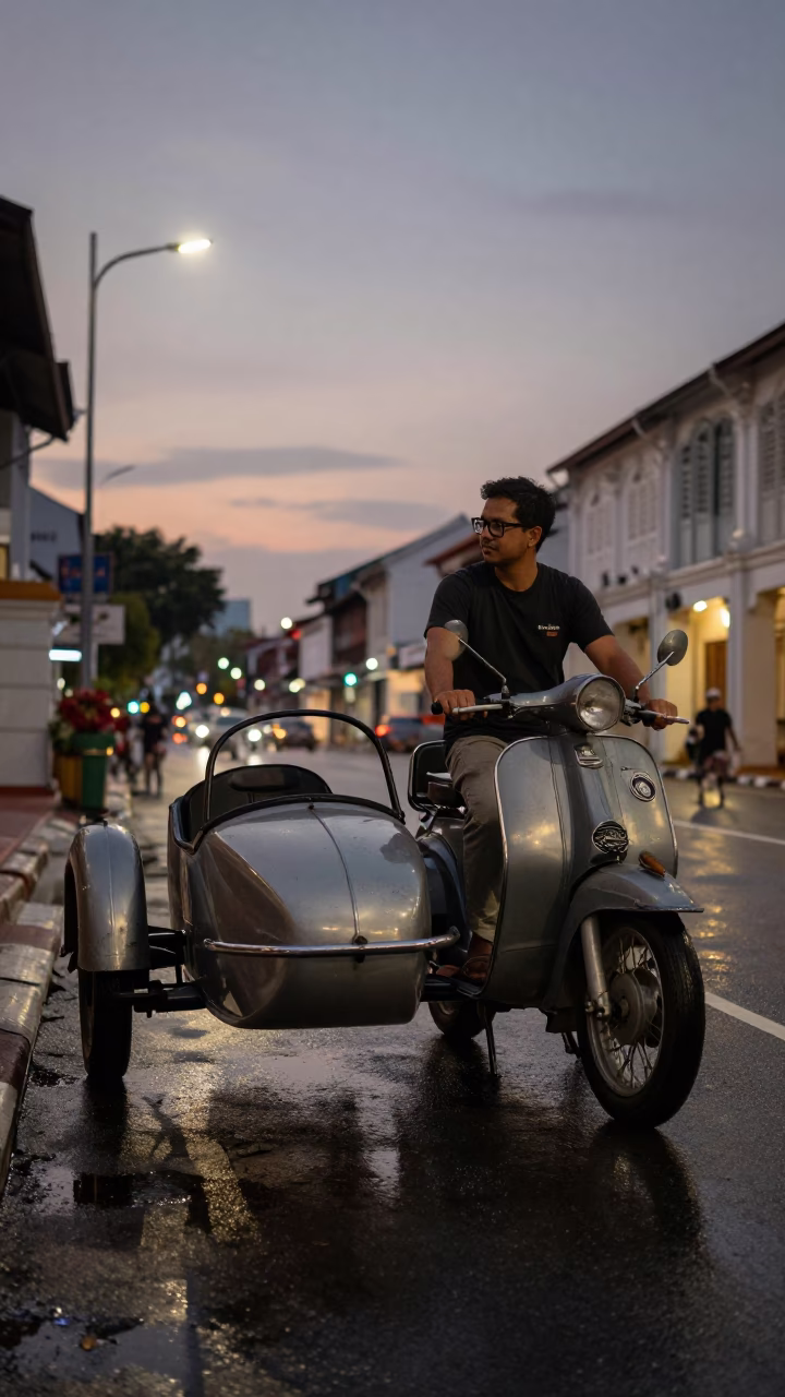 Twilight Street Scene in George Town Malaysia with Vintage Motorcycle Sidecar and Suitcases in in George Town, Malaysia