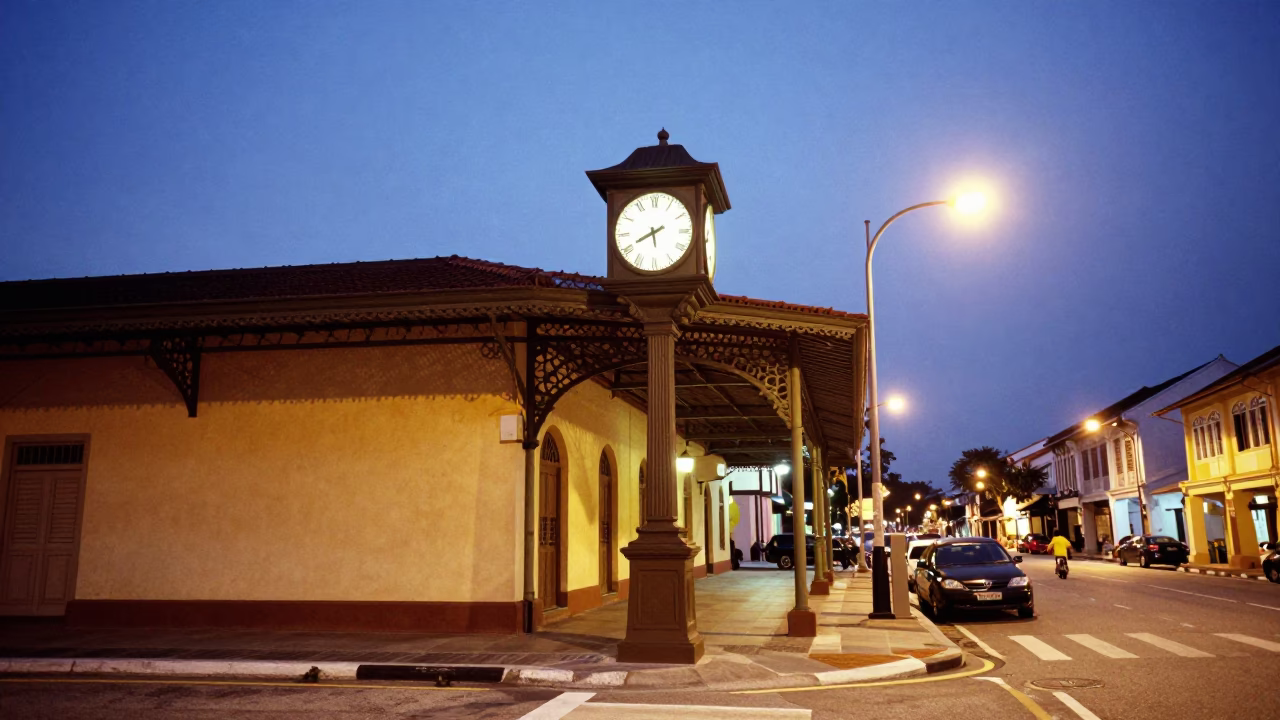 Twilight Street Scene in George Town Malaysia with Vintage Train Station Clock in in George Town, Malaysia