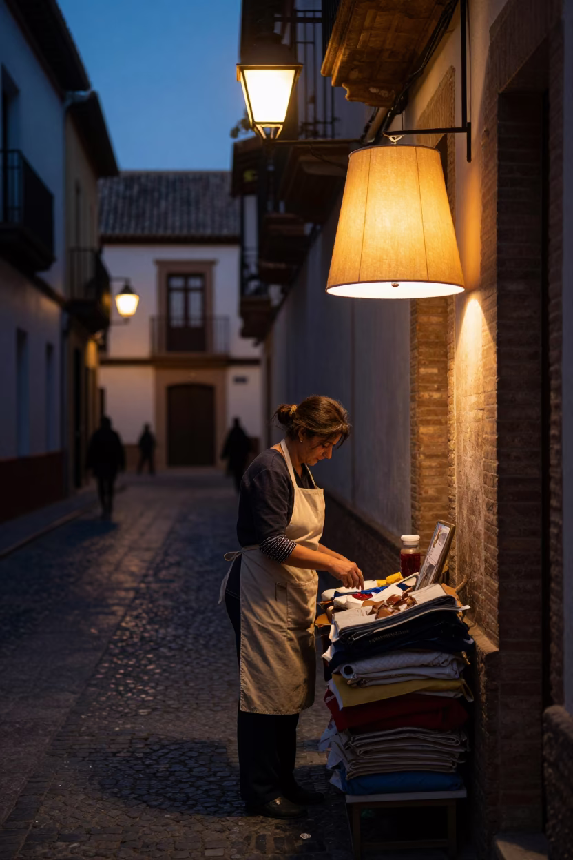 Twilight Street Scene in Granada Spain with Apron and Lampshade in in Granada, Spain