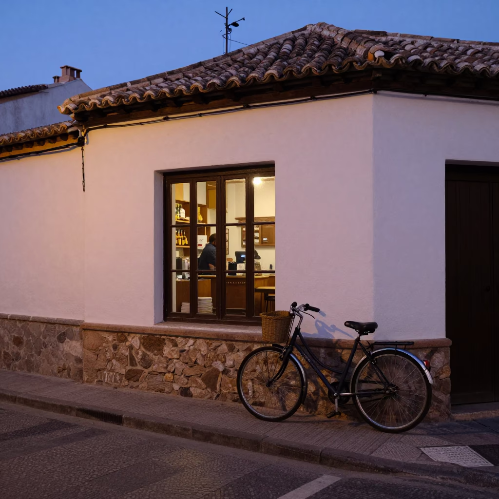 Twilight Street Scene in Granada Spain with Bicycle and Brushed Steel Bench in in Granada, Spain