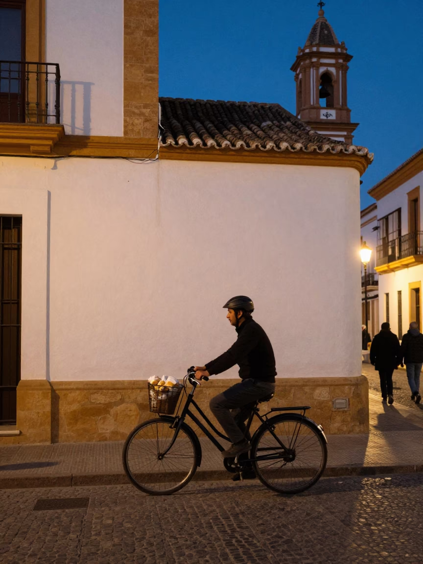 Twilight Street Scene in Granada Spain with Bicycle Basket and Pastries in in Granada, Spain