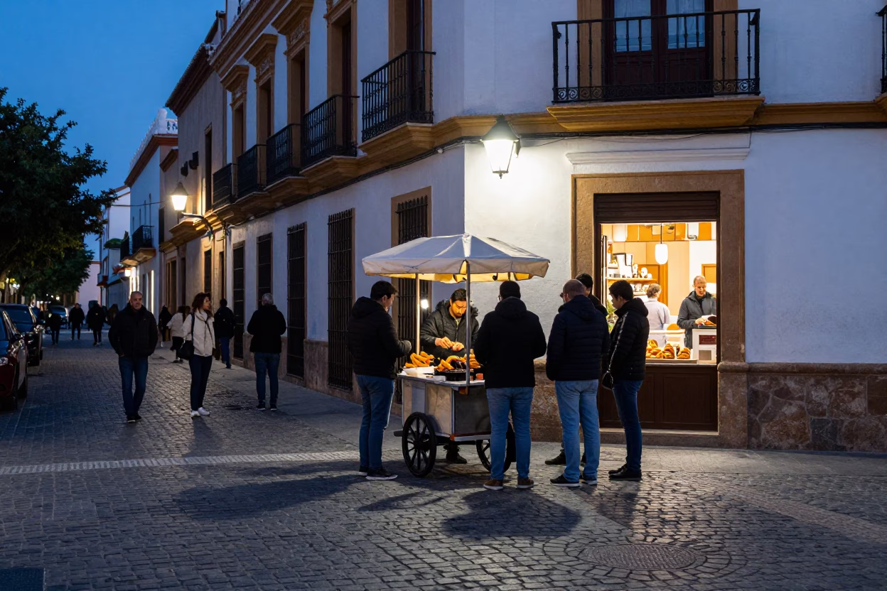 Twilight Street Scene in Granada Spain with Churros and Chocolate in in Granada, Spain
