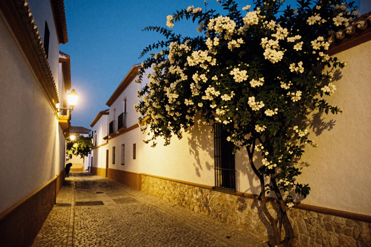 Twilight street scene in Granada Spain with climbing jasmine and local pedestrians in in Granada, Spain