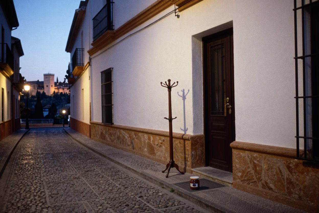 Twilight Street Scene in Granada Spain with Coat Stand and Jam Jar in in Granada, Spain