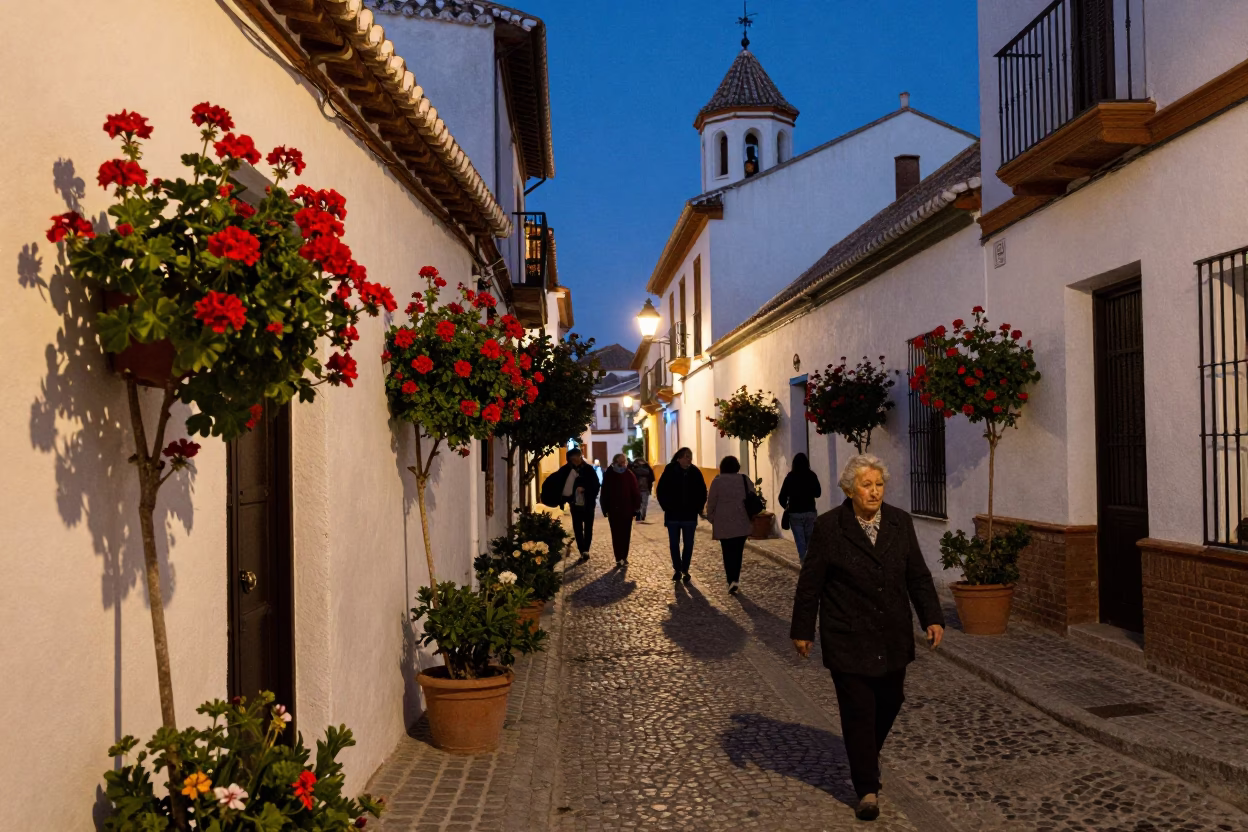 Twilight Street Scene in Granada Spain with Colorful Geraniums and Traditional Architecture in in Granada, Spain