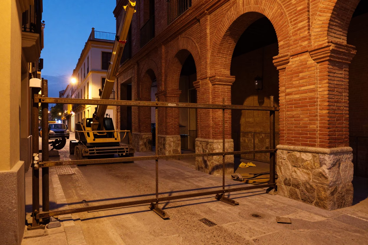 Twilight Street Scene in Granada Spain with Construction Site and Vintage 1970s Aesthetic in in Granada, Spain