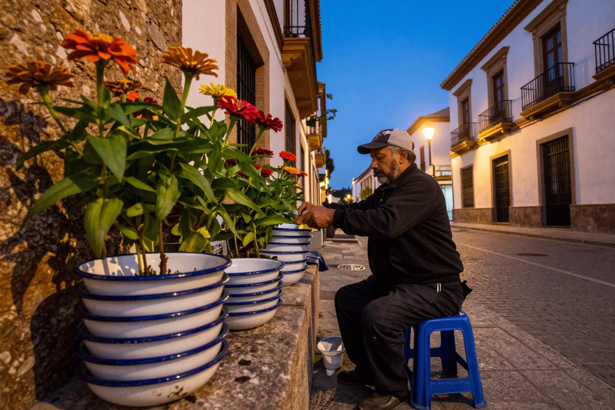 Twilight Street Scene in Granada Spain with Enamel Bowls and Zinnias in in Granada, Spain