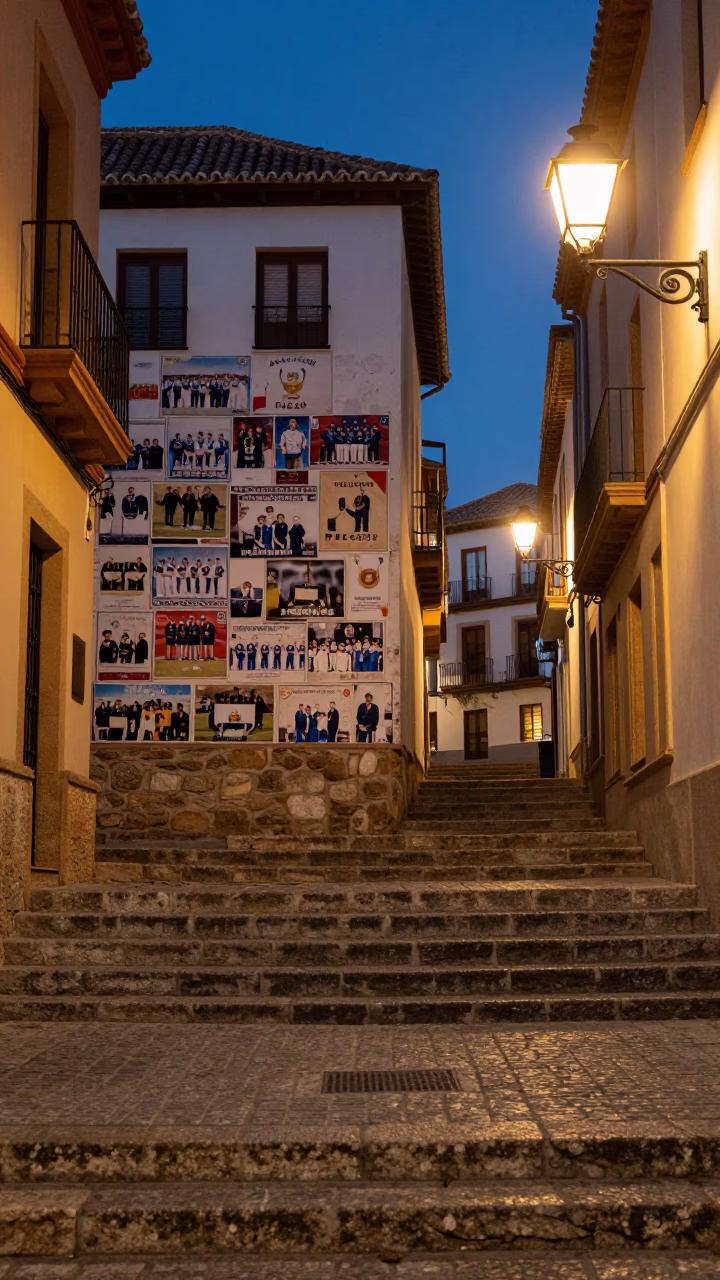 Twilight Street Scene in Granada Spain with Faded Championship Photos and Local Life in in Granada, Spain