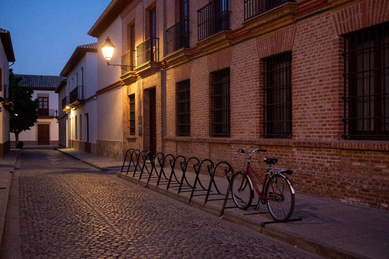 Twilight Street Scene in Granada Spain with Lantern and Bicycle Rack in in Granada, Spain