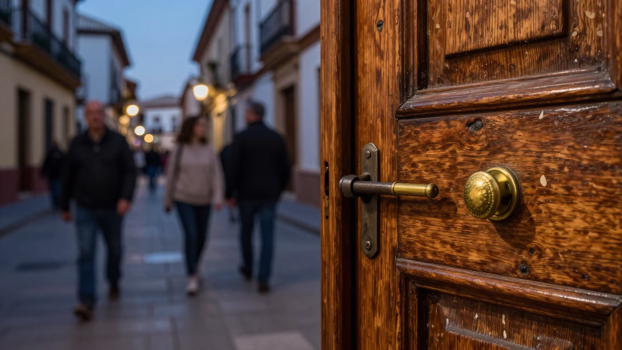 Twilight street scene in Granada Spain with latch and drawer pull details in in Granada, Spain