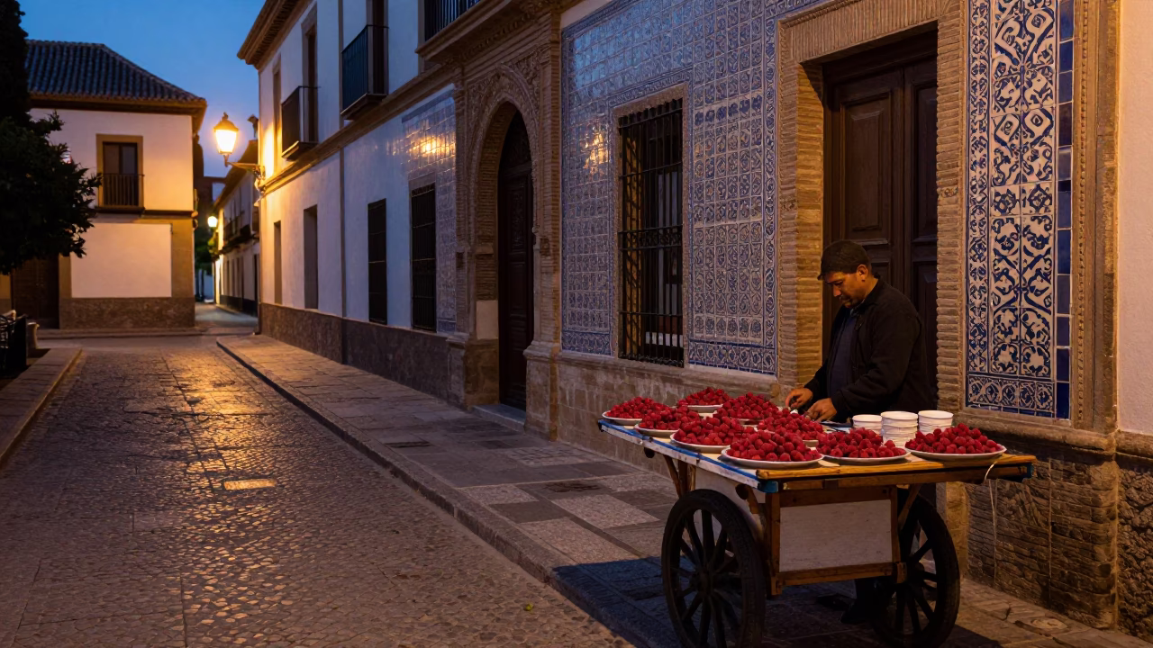 Twilight Street Scene in Granada Spain with Latch Detail and Local Life in in Granada, Spain