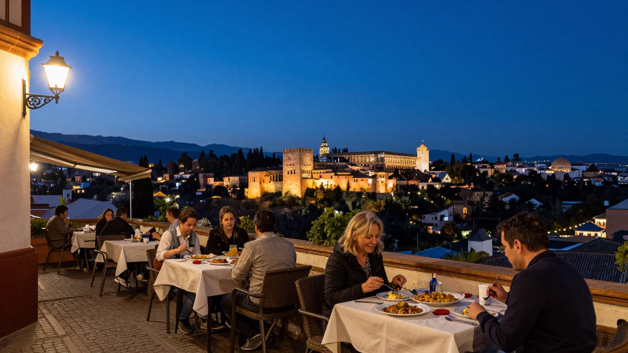Twilight Street Scene in Granada Spain with Local Diners and City Views in in Granada, Spain