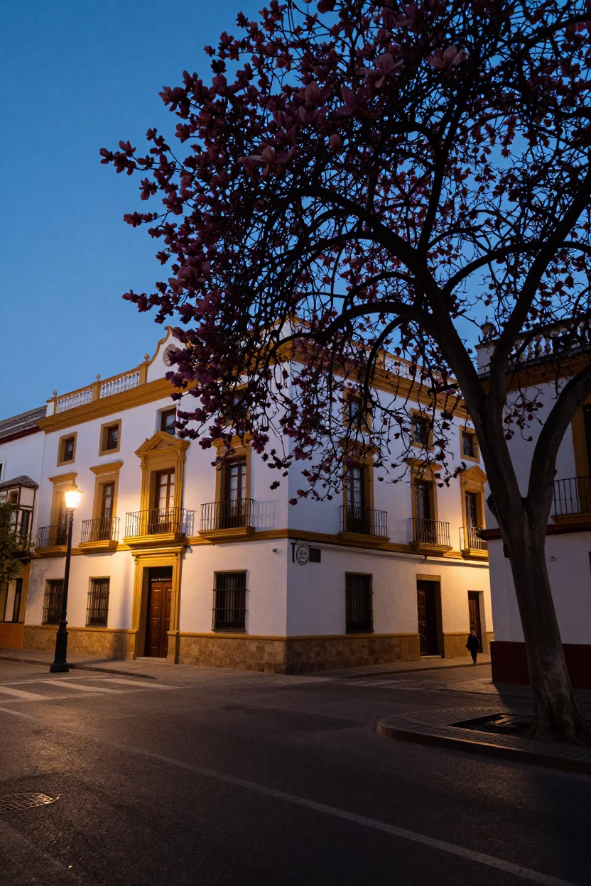 Twilight Street Scene in Granada Spain with Magnolia Tree and Hotel Awning Reflections in in Granada, Spain