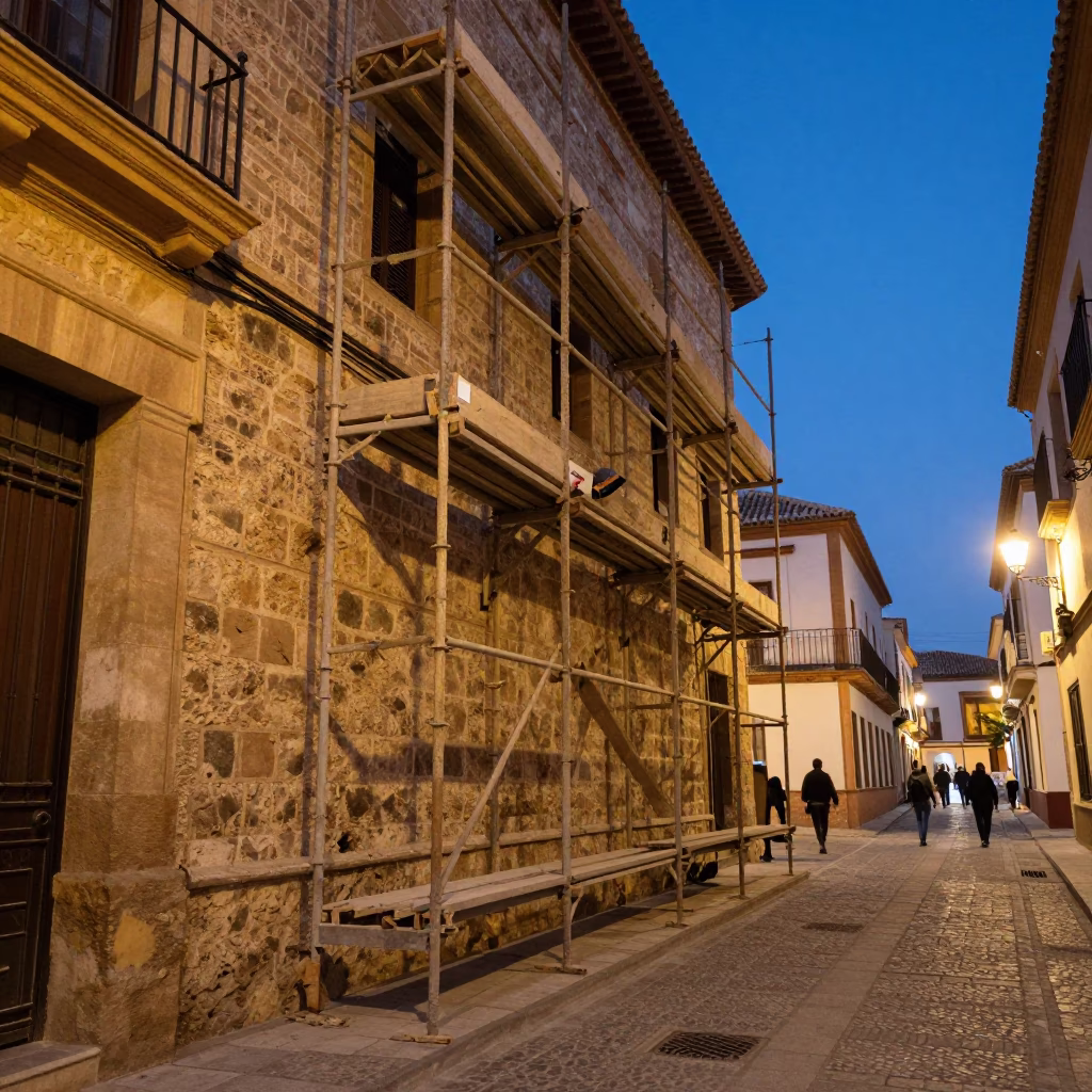 Twilight Street Scene in Granada Spain with Mason Scaffold and Narrow Alleyway in in Granada, Spain