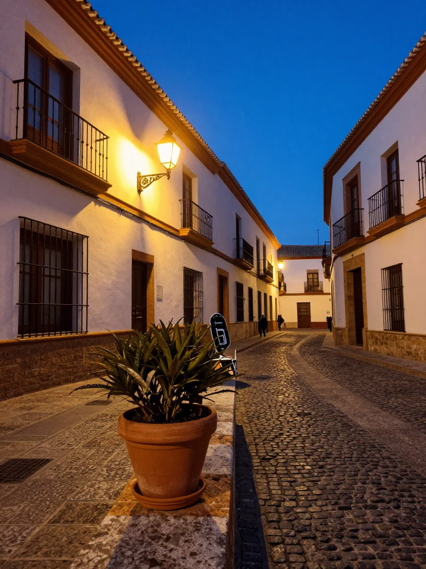 Twilight Street Scene in Granada Spain with Plant Pot and Mechanical Pencil in in Granada, Spain