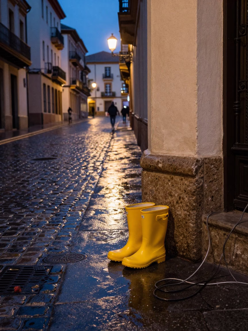 Twilight Street Scene in Granada Spain With Rain Boots and Cable Car View in in Granada, Spain