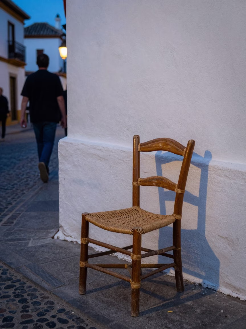 Twilight Street Scene in Granada Spain with Rattan Chair and Sweet Pea Trellis in in Granada, Spain