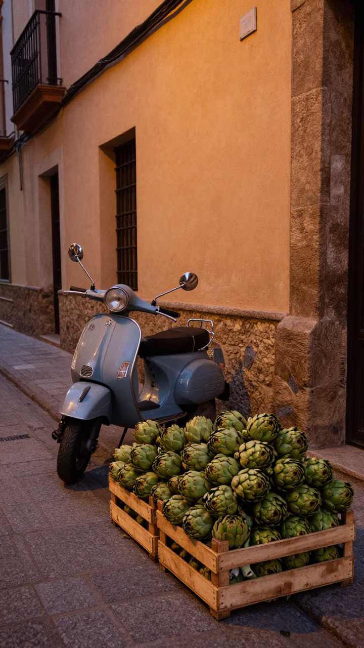 Twilight street scene in Granada Spain with scooter and artichokes in in Granada, Spain