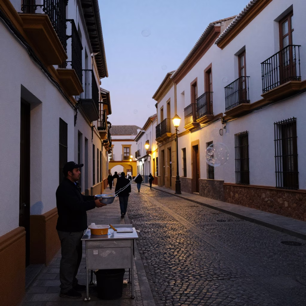 Twilight Street Scene in Granada Spain with Soap Bubbles and Local Color in in Granada, Spain
