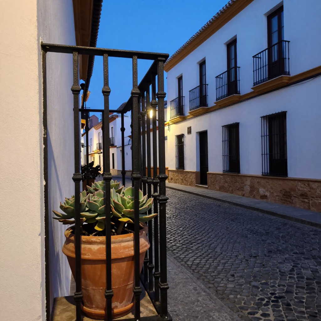 Twilight Street Scene in Granada Spain with Terracotta Pot and Echeveria on Balcony in in Granada, Spain