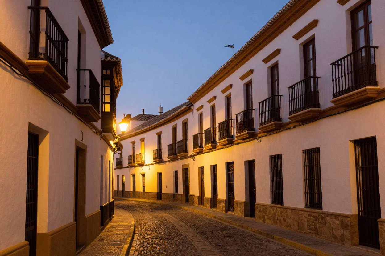 Twilight street scene in Granada Spain with traditional architecture and evening ambiance in in Granada, Spain