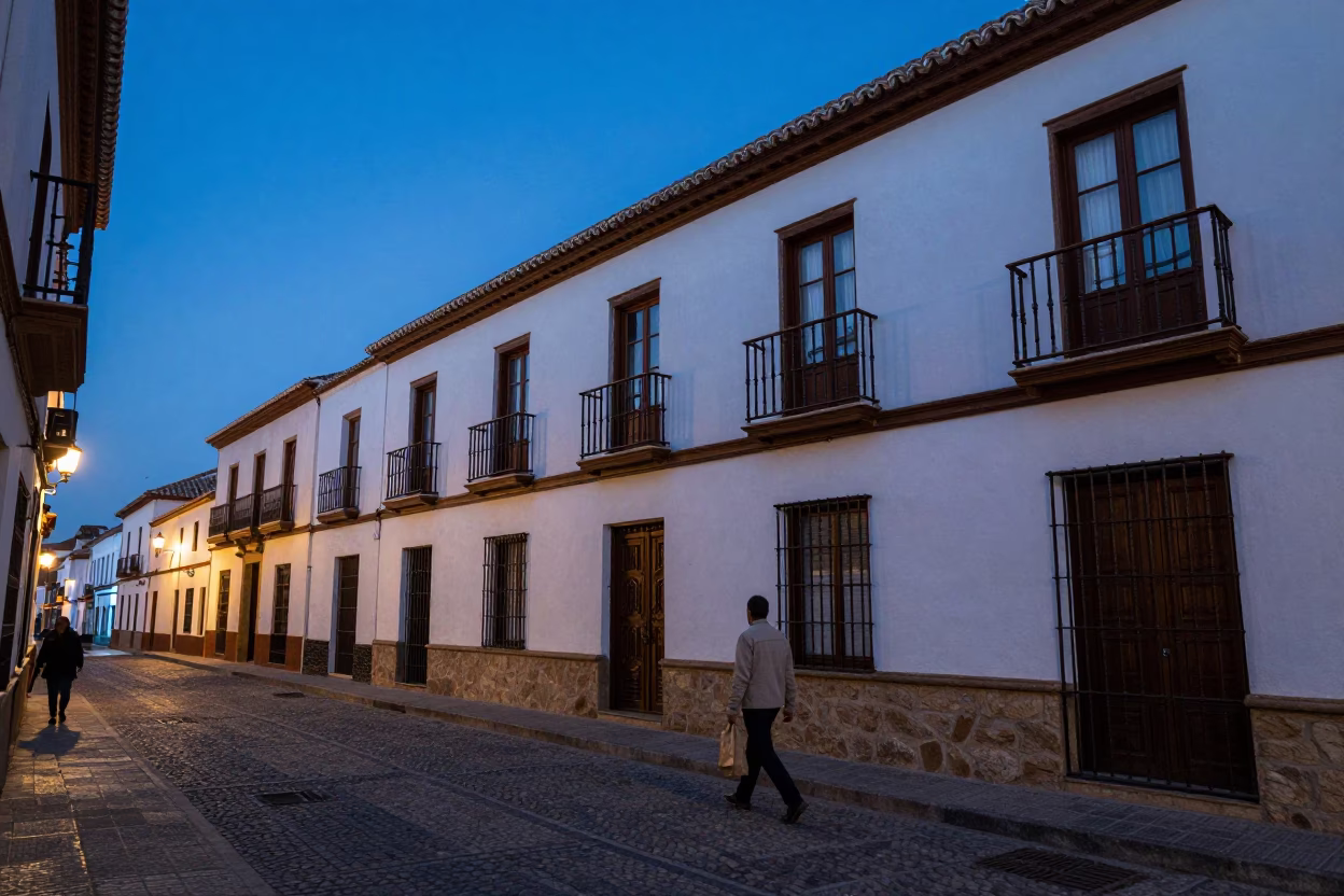 Twilight street scene in Granada Spain with traditional architecture and local life in in Granada, Spain