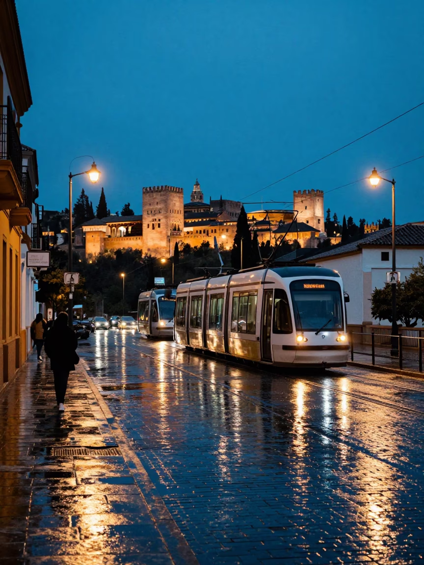 Twilight Street Scene in Granada Spain with Tram Reflection on Wet Cobblestones in in Granada, Spain