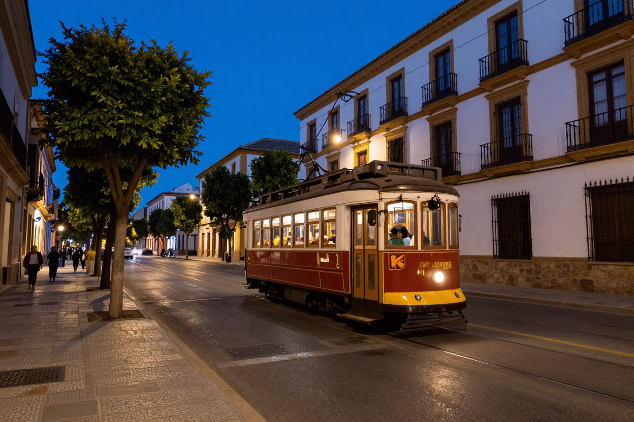 Twilight street scene in Granada Spain with tramcar and traditional tapas culture in in Granada, Spain