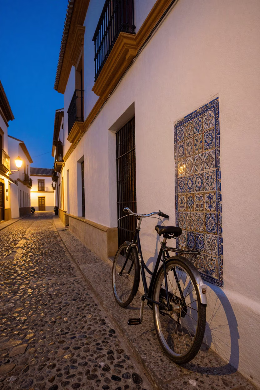 Twilight Street Scene in Granada Spain with Vintage Bicycle and String Lights in in Granada, Spain