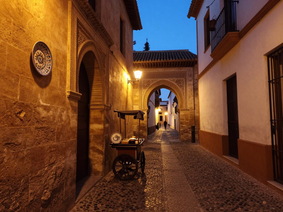Twilight Street Scene in Granada Spain with Vintage Majolica Plate and Linen Fringe Details in in Granada, Spain
