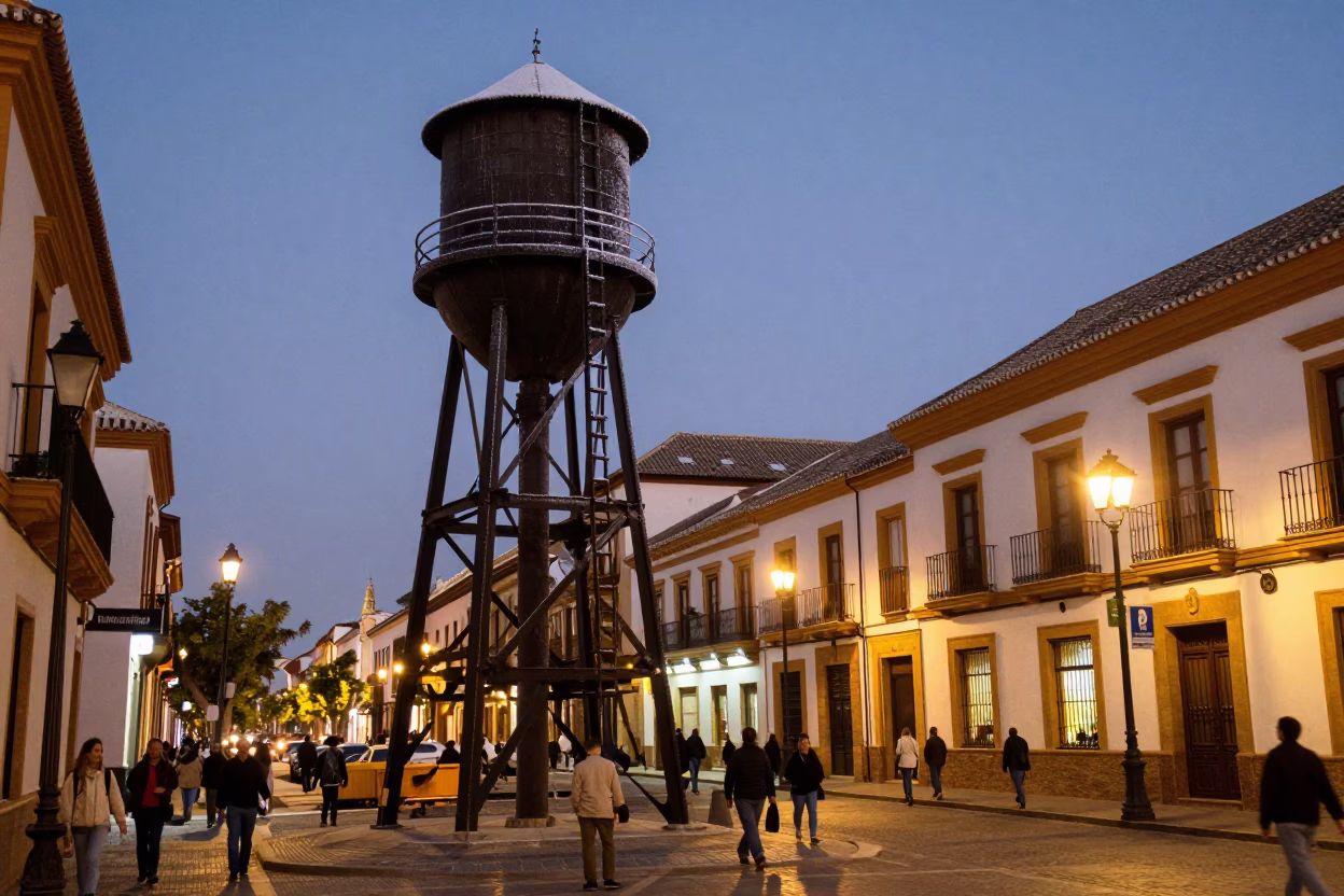 Twilight Street Scene in Granada Spain with Water Tower Ladder Rimed with Winter Frost in in Granada, Spain