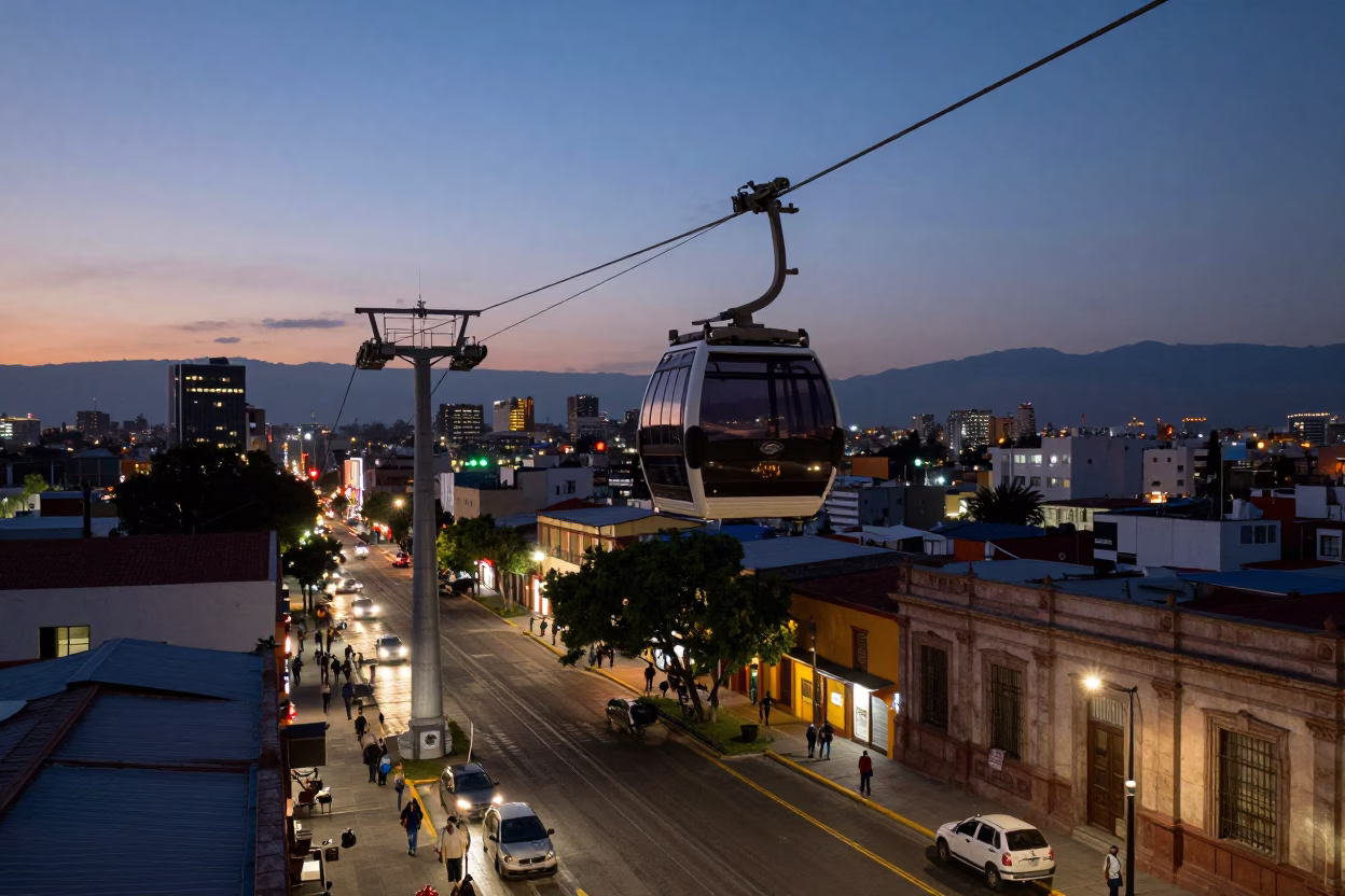 Twilight Street Scene in Guadalajara Mexico with Aerial Tramway Gondola and Urban Activity in in Guadalajara, Mexico