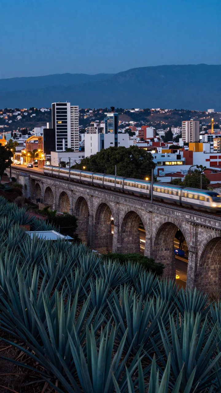 Twilight Street Scene in Guadalajara Mexico with Agave Fields and Railway Viaduct in in Guadalajara, Mexico