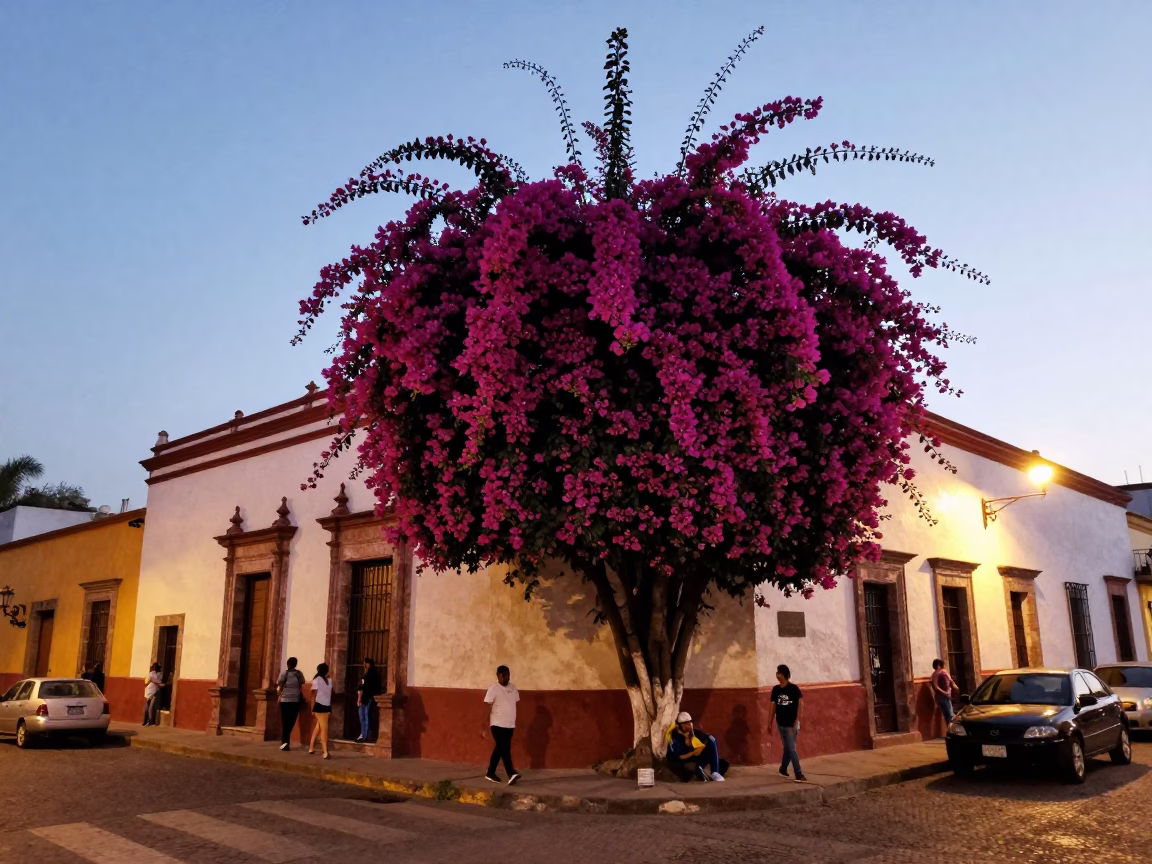 Twilight Street Scene in Guadalajara Mexico with Bougainvillea and Local Life in in Guadalajara, Mexico