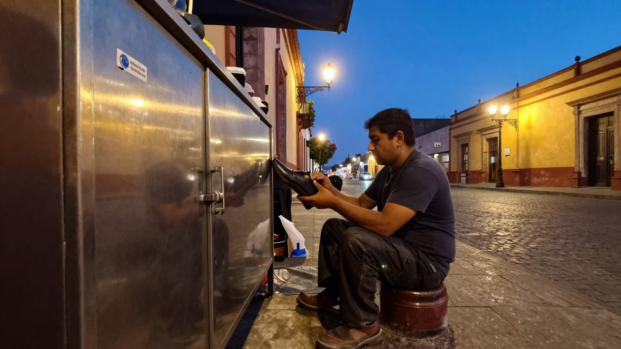 Twilight Street Scene in Guadalajara Mexico with Brushed Steel and Shoe Care in in Guadalajara, Mexico