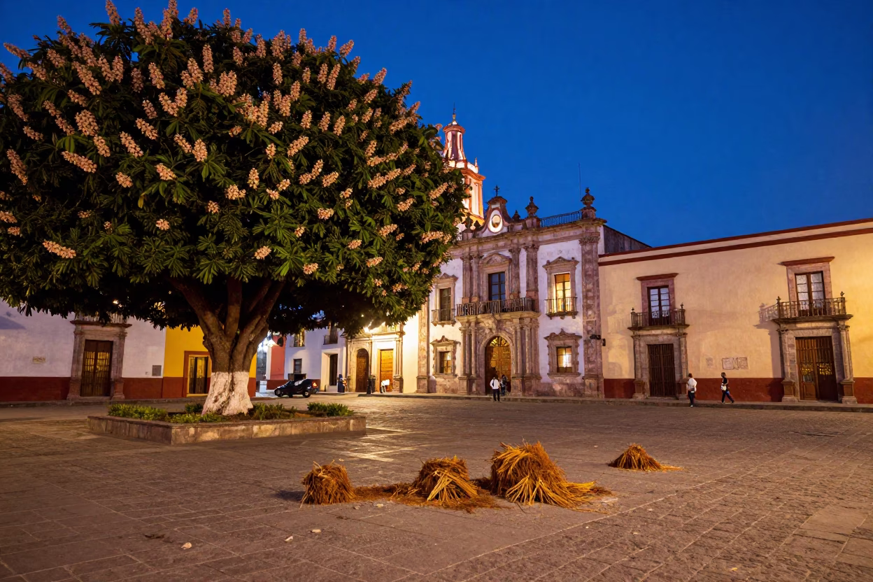 Twilight Street Scene in Guadalajara Mexico with Chestnut Tree Husks and Local Cat in in Guadalajara, Mexico