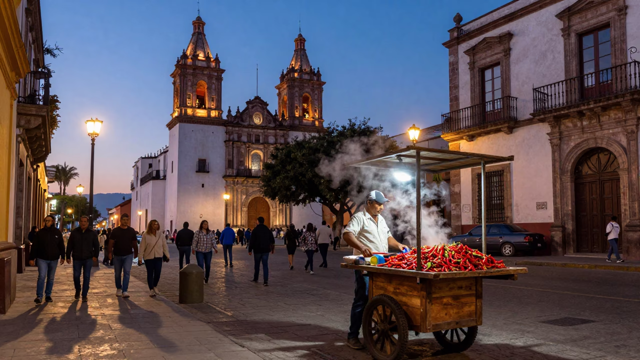Twilight Street Scene in Guadalajara Mexico with Chili Peppers and Steam in in Guadalajara, Mexico